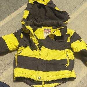 Mini Boden Striped Hooded Puffer Jacket in Yellow and Black